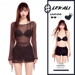 LECALI 泳衣女比基尼分体成人保守游泳衣女泡温泉显瘦长袖防晒遮肉肚罩衫 波点长