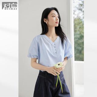 对白 V领泡泡袖短袖衬衫