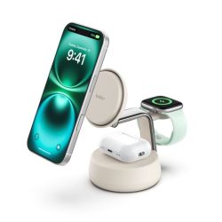 Belkin 贝尔金 Qi2 充电站 Apple Watch 和 iPhone,3 合 1 充电器 MagSafe 兼容,25W,无线充电器适用于 iPhone 16,Apple Watch,AirPods,感应充电站,带 45W 适配器 - 沙色