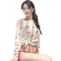 莫代尔 红色条纹 长袖蝴蝶罩衫分体泳衣