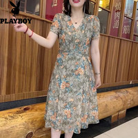 PLAYBOY 正版连衣裙女士夏装新款中年妈妈气质遮肚子V领碎花网纱裙子 绿色 4XL 建议165-180斤