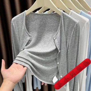茶小阿 灰色螺纹开衫外套 2XL