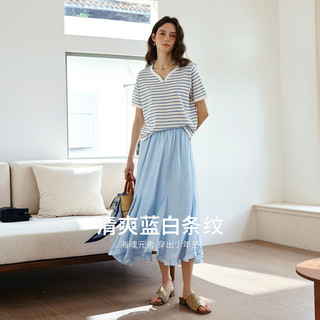 OLRAIN欧芮儿 鸡心领短袖针织衫 蓝色条纹 M