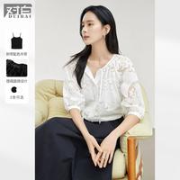 对白 轻薄烧花镂空系带女士衬衫