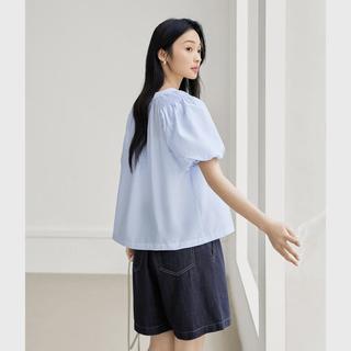 对白 V领泡泡袖短袖衬衫