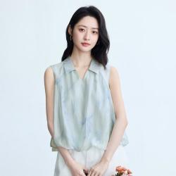 茵曼 莱赛尔无袖衬衫 水墨晕染花苞下摆