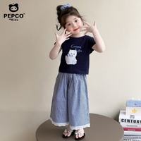 小猪班纳 女童蕾丝格子拼接短袖阔腿裤套装 藏青色 130cm