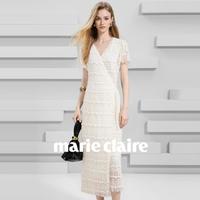 Marie Claire 嘉人 法式蕾丝钩花 V领系带收腰 连衣裙
