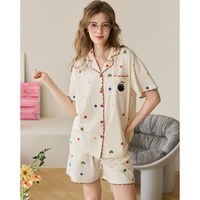 芬腾 女士纯棉波点开衫短袖短裤家居服套装