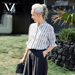 沐姿 中年妈妈夏装短袖衬衫上衣服中老年女装薄款休闲衬衣T恤