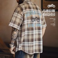 马登 美式复古格纹印花短袖衬衫