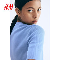 H&M 女装小香风短袖针织开衫 浅蓝色 M
