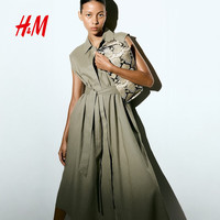 H&M 1293989 亚麻混纺衬衫式连衣裙 卡其绿 L