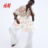 H&M 腰部系带宽松灯笼袖连衣裙 白色花卉 S
