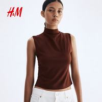 H&M 女装夏季无袖高领上衣 深棕色 M