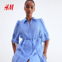 H&M 1292807 镂空刺绣衬衫式连衣裙 蓝色 XL
