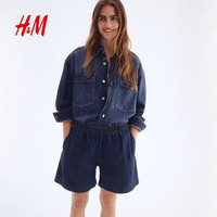 H&M 女装直筒松紧腰牛仔短裤 浅牛仔蓝 S 160/72
