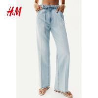 H&M 1302179 纸袋腰阔腿牛仔裤 淡牛仔蓝 36(160/68)