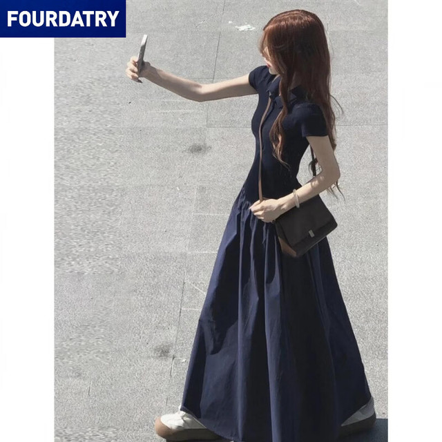 FOURDATRY 法式休闲慵懒拼接连衣裙女夏季气质短袖领长裙
