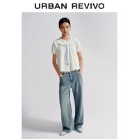 URBAN REVIVO UYL860025 拼接蕾丝腰头阔腿牛仔裤 蓝色 30