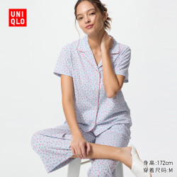 优衣库 女装AIRism棉混纺睡衣/短袖七分裤起居服26春夏新款483756 60 浅蓝色 L
