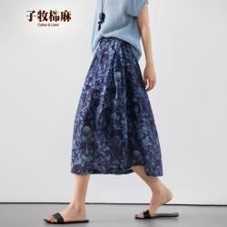 子牧棉麻 2026夏装 女时尚百搭松紧腰显瘦印花休闲中长款半身裙5365 藏蓝色
