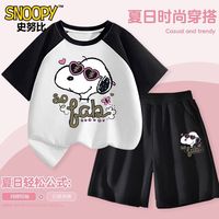 史努比 女童纯棉拼接短袖短裤套装 黑色 160