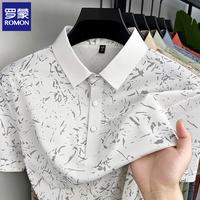 罗蒙 男士无痕冰丝短袖t恤翻领2026夏季新款半袖印花体恤衫男潮流上衣 白色 XL