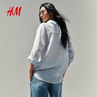 H&M 1335605 反领套头格纹衬衫 浅蓝色 M