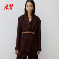 H&M 女装配腰带双排扣休闲西装 深棕色 M