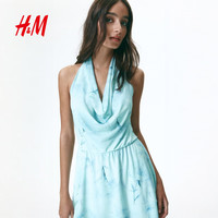 H&M 1329781 荡领挂脖设计 绿松石色花卉 M 连衣裙