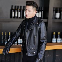 海宁 男士真皮机车皮夹克 翻领短款修身外套