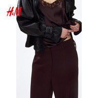 H&M 1322716 亚麻混纺阔腿裤 酒红色 46 170/88 女士西裤