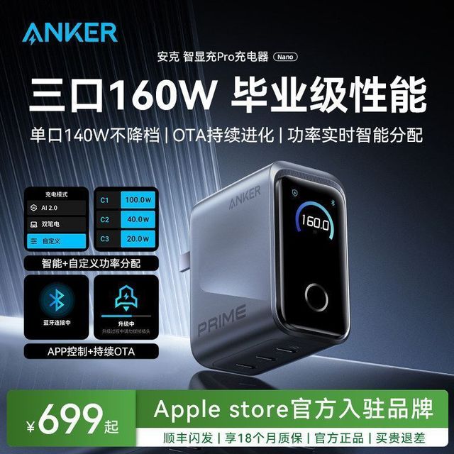 Anker Prime安克160W智显充Pro氮化镓充电头快充苹果17小米MacBook