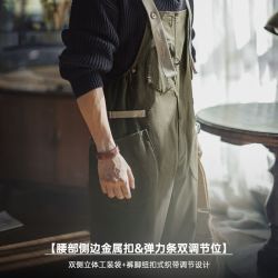 马登 工装美式复古BF背带裤男宽松直筒高腰男士休闲裤春冬连体长裤子 军绿色 M