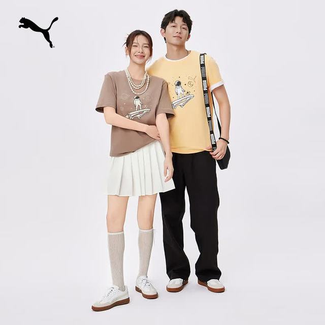 PUMA 纯棉宽松居家短袖T恤男女款新款夏季运动上衣 691854 灰褐色-93