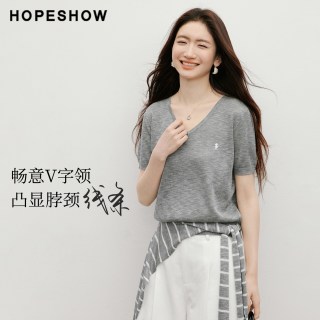 红袖 可拆条纹披肩人物主题刺绣短袖V领女士针织衫