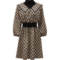 VERO MODA 收腰翻领格纹七分袖连衣裙