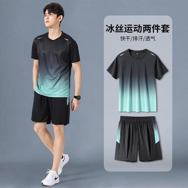 绿蜜蜂 运动服套装 跑步短袖冰丝夏季速干