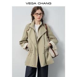VEGA CHANG 风衣女小个子双排扣袖口条纹拼接收腰宽松外套