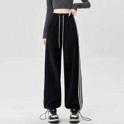 ONE MORE 新年红裤女春秋季百搭宽松美式休闲慵懒条纹直筒阔腿裤子