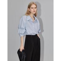 ELLE 蓝白条纹衬衫夏高级感经典高智感通勤风干净竖条纹女式五分袖衬衣