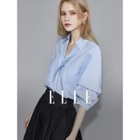 ELLE 斜门襟V领衬衫女夏款宽松薄款轻奢高级欧若风女式上衣纯棉衬衣