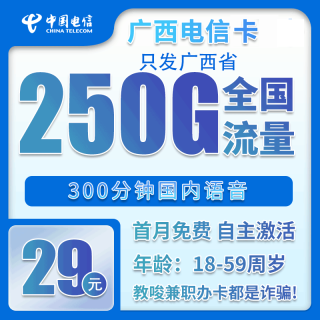 中国电信 广西卡 29元月租（250G全国流量＋300分钟通话）