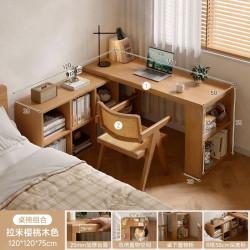 锦需 实木书桌书柜一体电脑桌家用卧室L型转角学生写字桌子工作台 120桌+120柜樱桃木色+实木椅