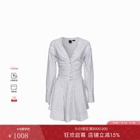 PINKO 女士通勤条纹修身褶皱微喇衬衫式短款连衣裙 ZZ1 40