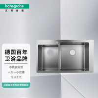 汉斯格雅 304加厚不锈钢厨房水槽 台上安装含手动下水 大双槽 500*865mm 赠下水管