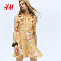 H&M 1322379 亚麻混纺 黄色花卉 L 连衣裙