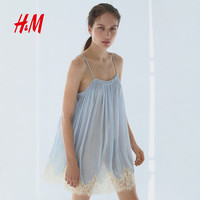 H&M 蕾丝边雪纺吊带连衣裙 浅蓝色 L