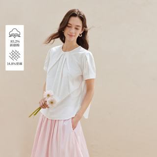 茵曼 【质感棉麻】圆领透气短袖衬衫褶皱设计通勤女上衣